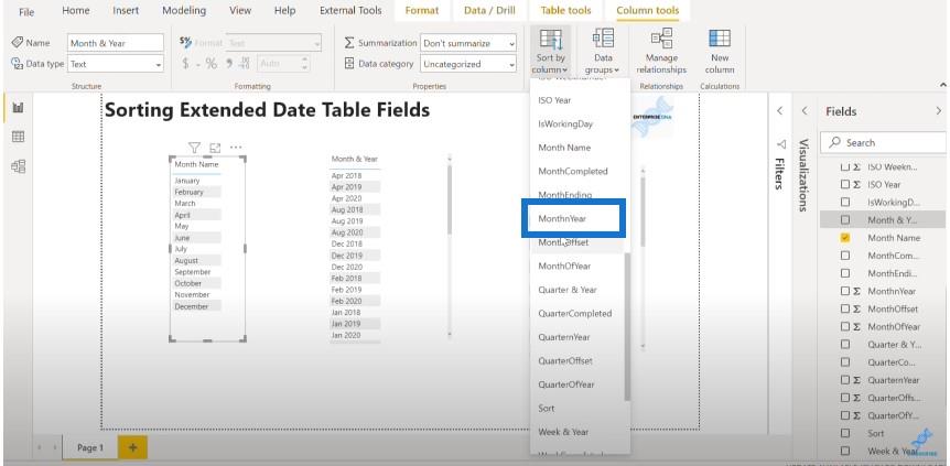 Sortering av datumtabellkolumner i LuckyTemplates