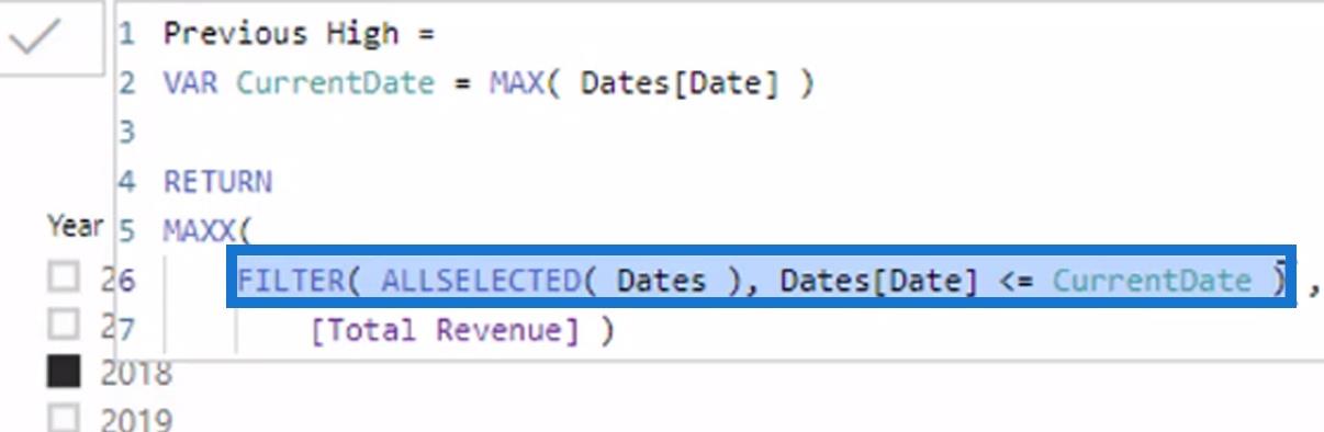 Dynamisk beregning af det tidligere højeste resultat ved hjælp af DAX-funktioner