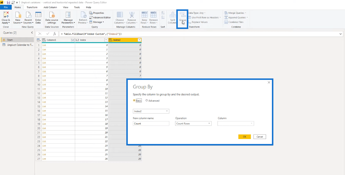 Gjøre kalendertypeoppsett til tabellformat i LuckyTemplates ved hjelp av Query Editor