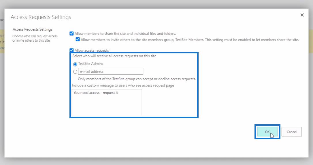 Tilpasning af anmodning om SharePoint-webstedsadgang