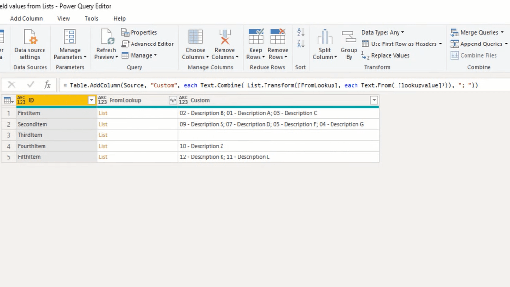 Handledning för Power Query Editor: Extrahera postfältvärden från listor