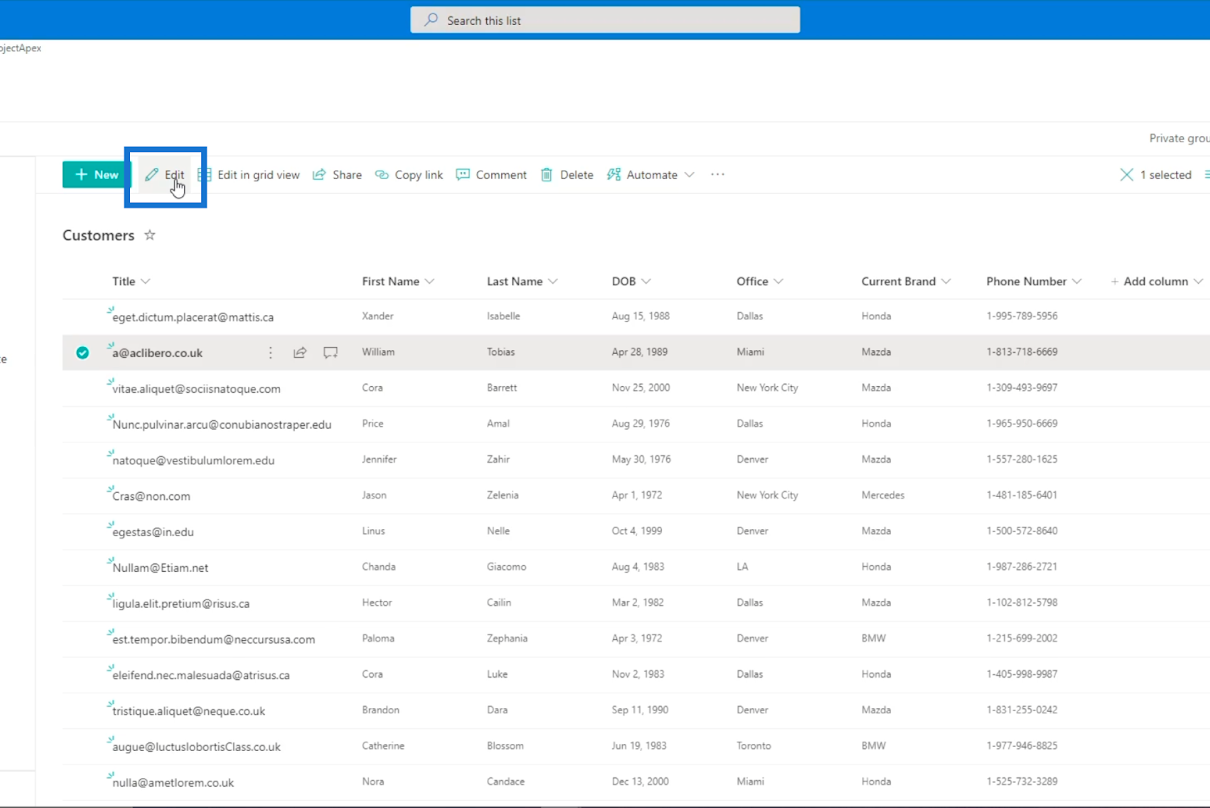 SharePoint-listobjekt: Redigera enstaka och flera objekt