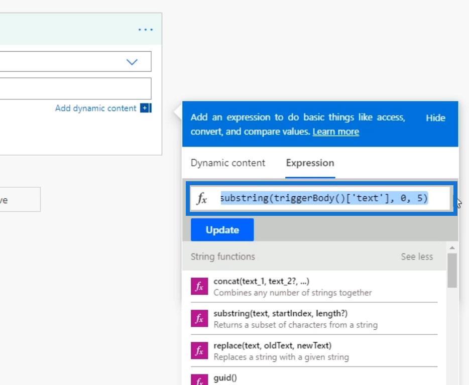 Power Automate String Funkciók: Alkarakterlánc és IndexOf