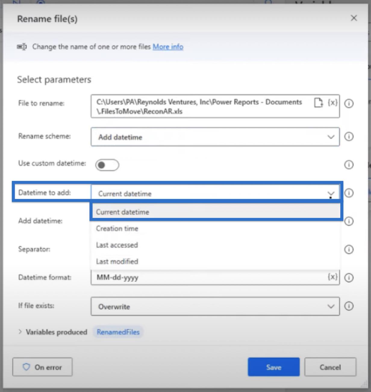 Додайте дату до імені файлу в Power Automate Desktop