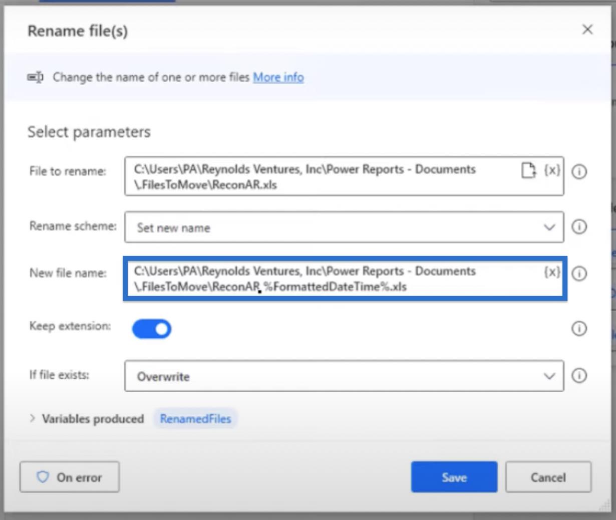 Lägg till datum till filnamn i Power Automate Desktop