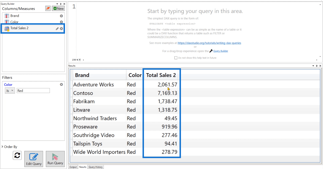 Použití funkce Query Builder v DAX Studio