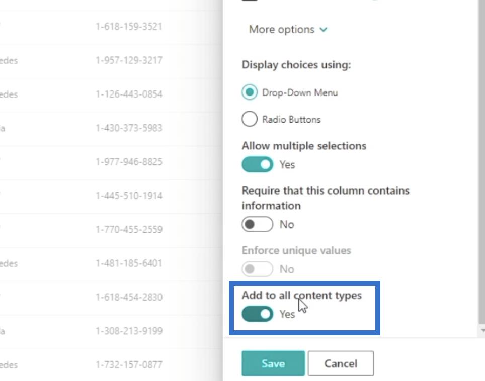 Přidání pole SharePoint Choice v seznamu