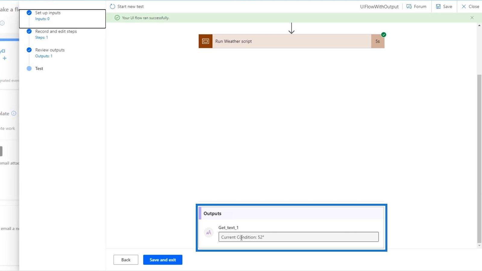 UI Flow -lähdöt Power Automatessa