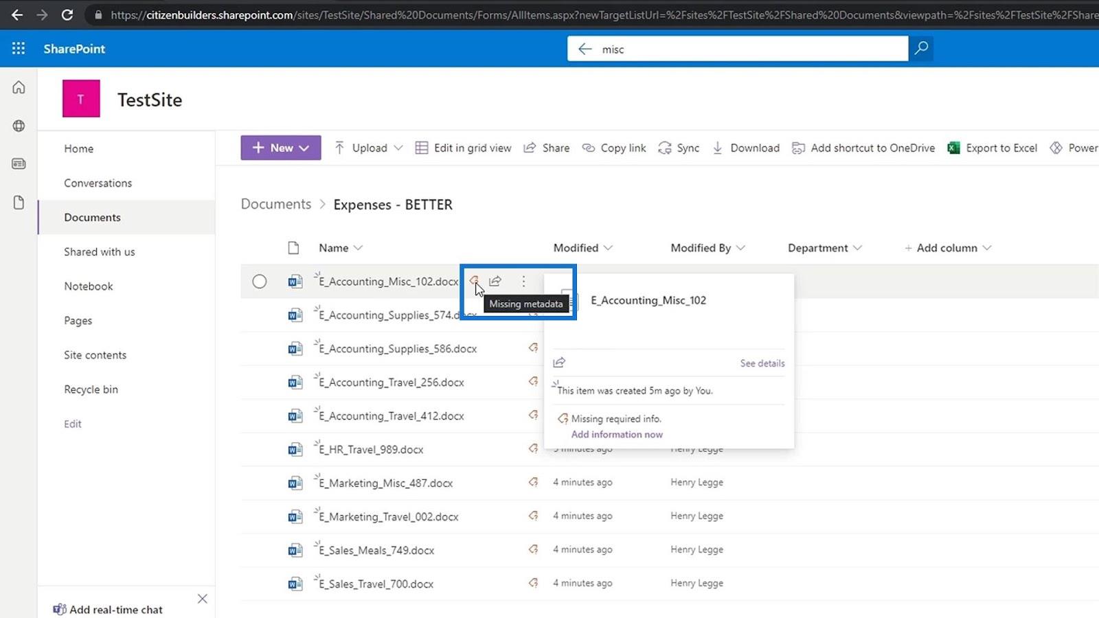 Tilføjelse af metadata i SharePoint ved hjælp af kolonner