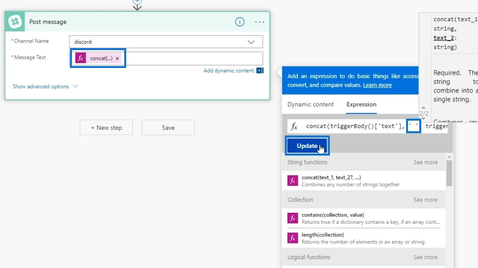 Microsoft Flow String Functions: Concat ja Replace