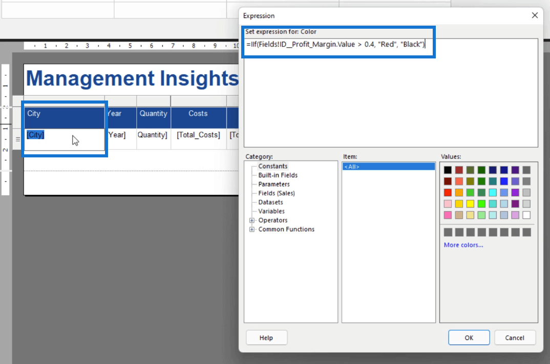 Expression Builder: Anvendelse af betinget formatering på sideinddelte rapporter