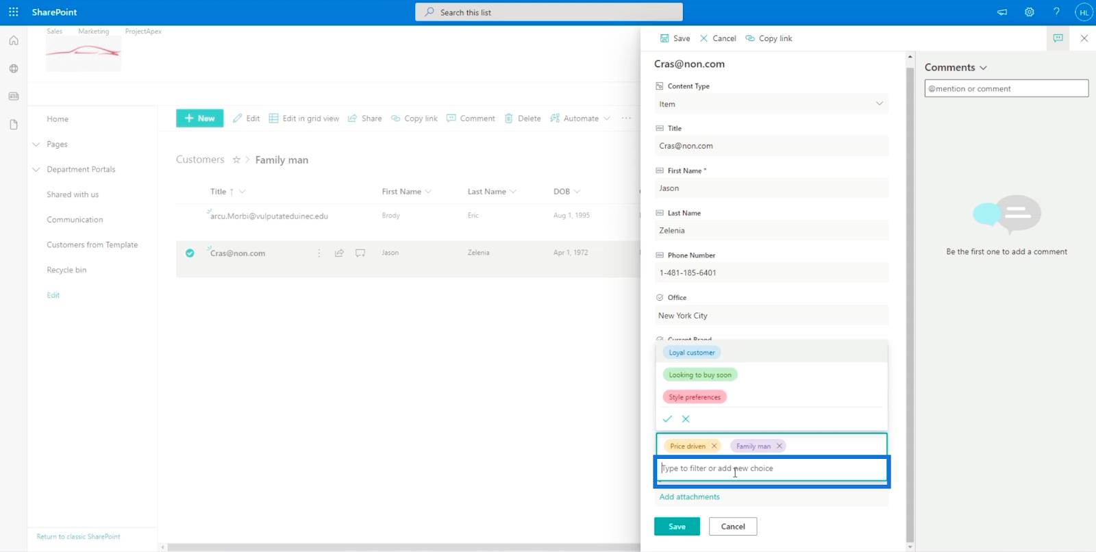 Přidání pole SharePoint Choice v seznamu