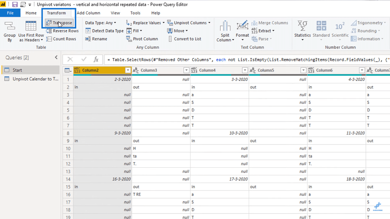 Gjøre kalendertypeoppsett til tabellformat i LuckyTemplates ved hjelp av Query Editor