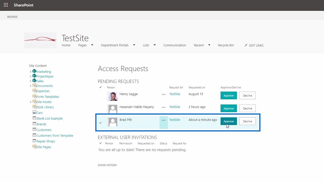 SharePoint webhely-hozzáférési kérelem testreszabása