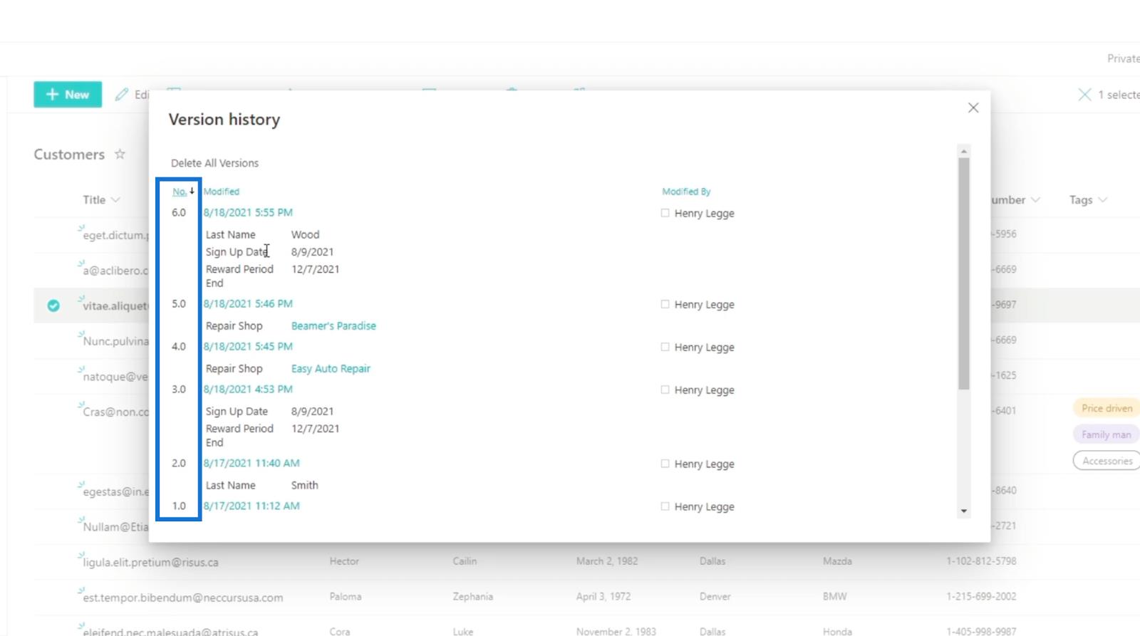 Versjonshistorikk i SharePoint-lister