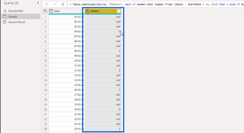 Power Query M: Alternerende 0-1 mønster i datotabell