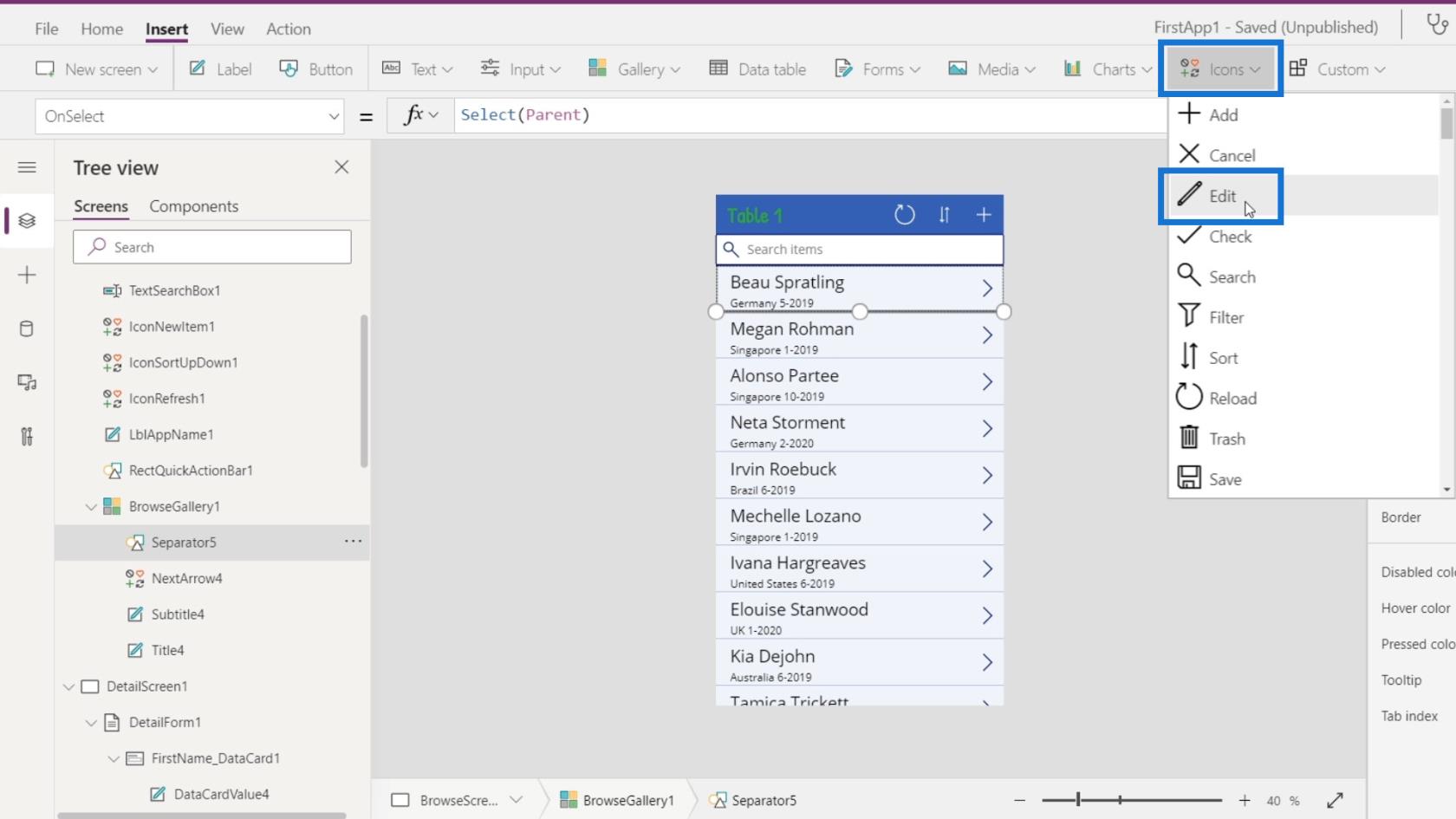 Přehled kontextu navigace PowerApps