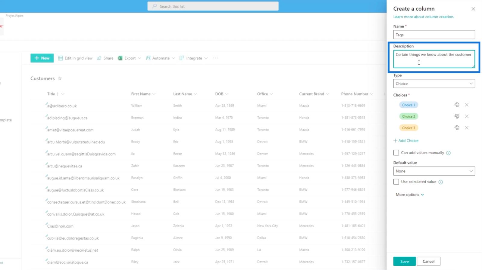 Legger til SharePoint-valgfelt i en liste