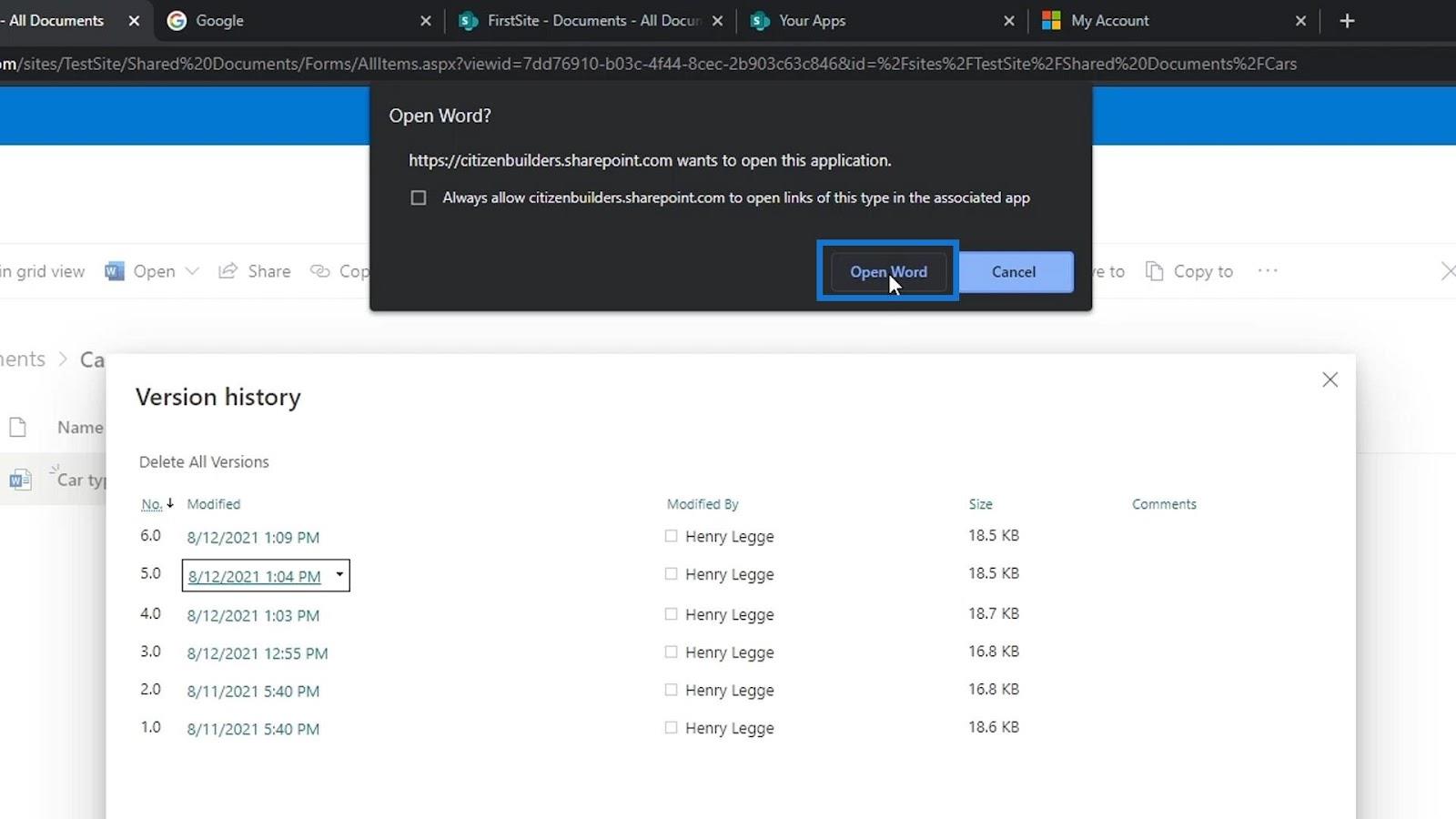 Versiointi SharePoint Document Libraryssa