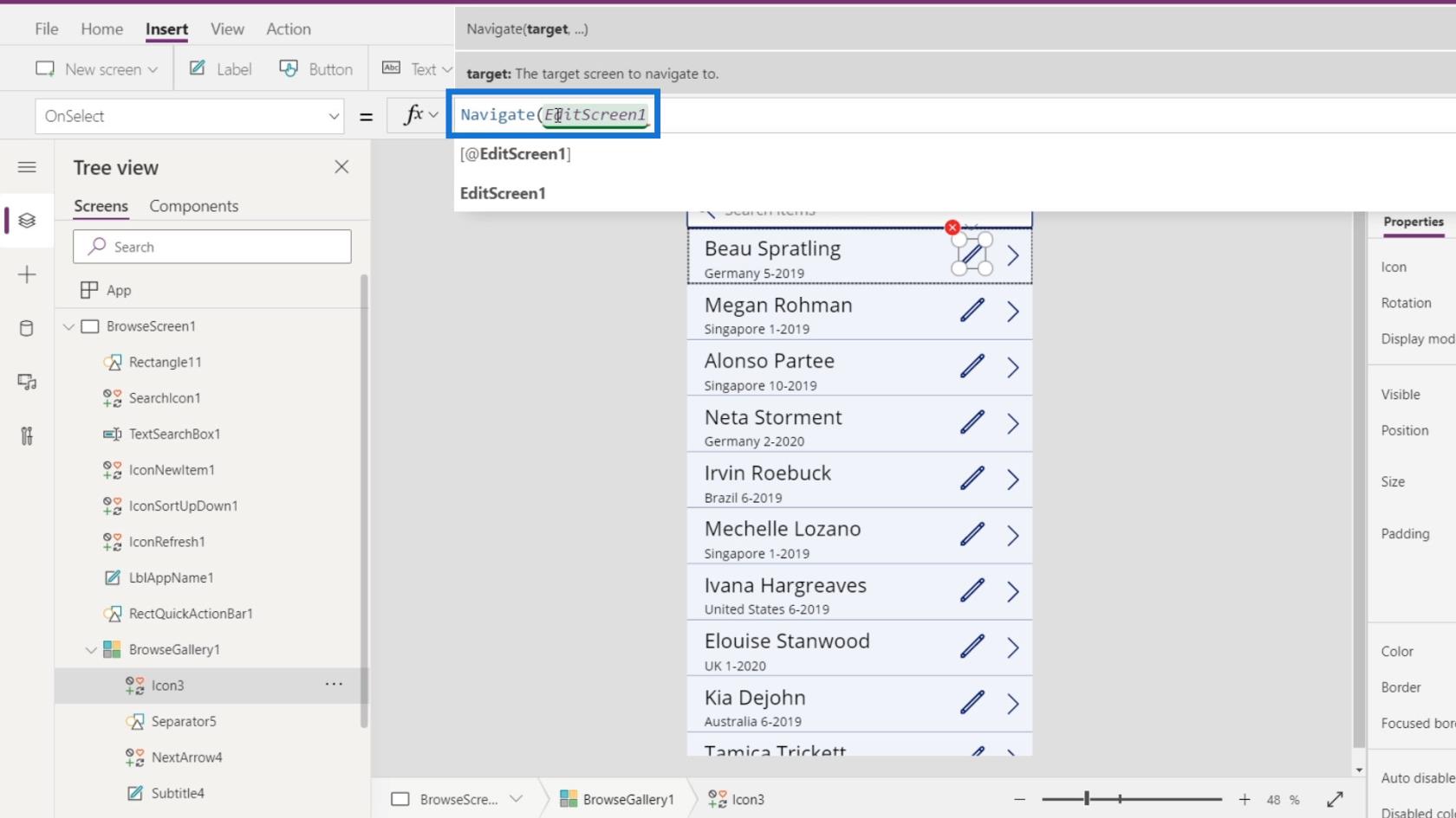 Přehled kontextu navigace PowerApps