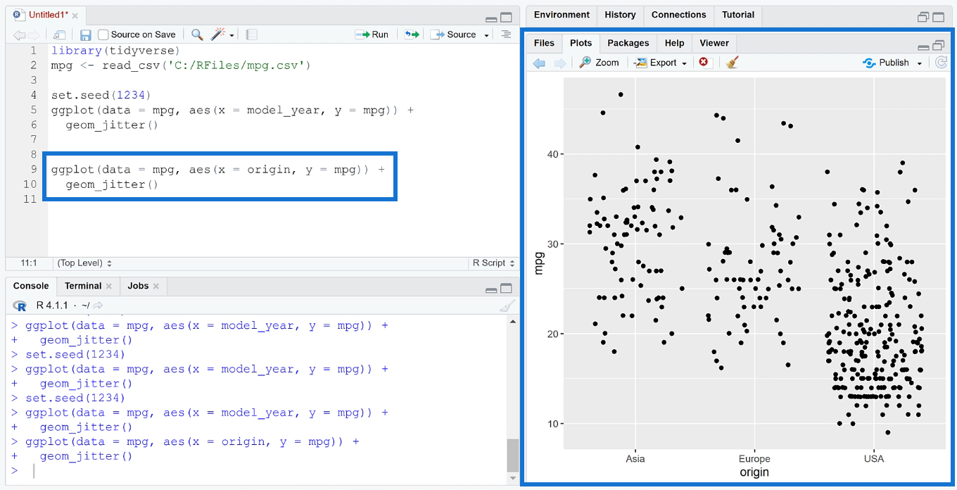 Jitter diagram létrehozása a Ggplot2 használatával az RStudio alkalmazásban