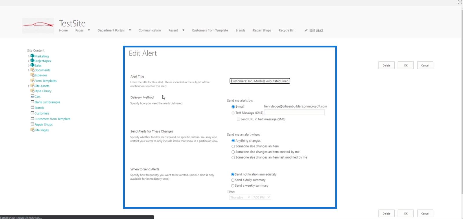 SharePoint List Alerts Setup