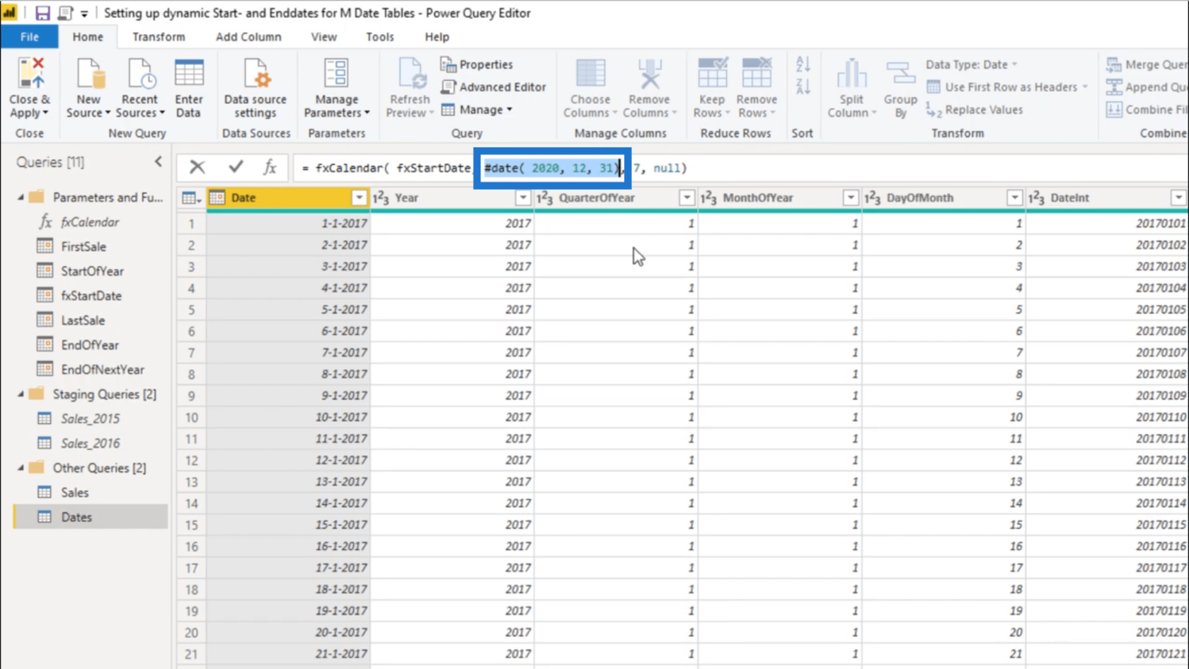 Sette opp en dynamisk startdato og sluttdato for datotabeller for Power Query