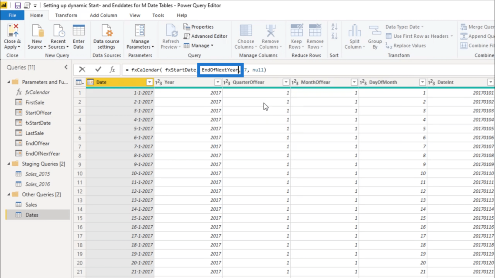 Sette opp en dynamisk startdato og sluttdato for datotabeller for Power Query