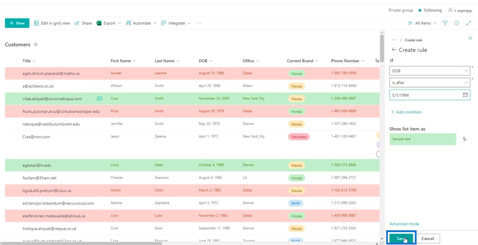 SharePoint List Formatering Walkthrough