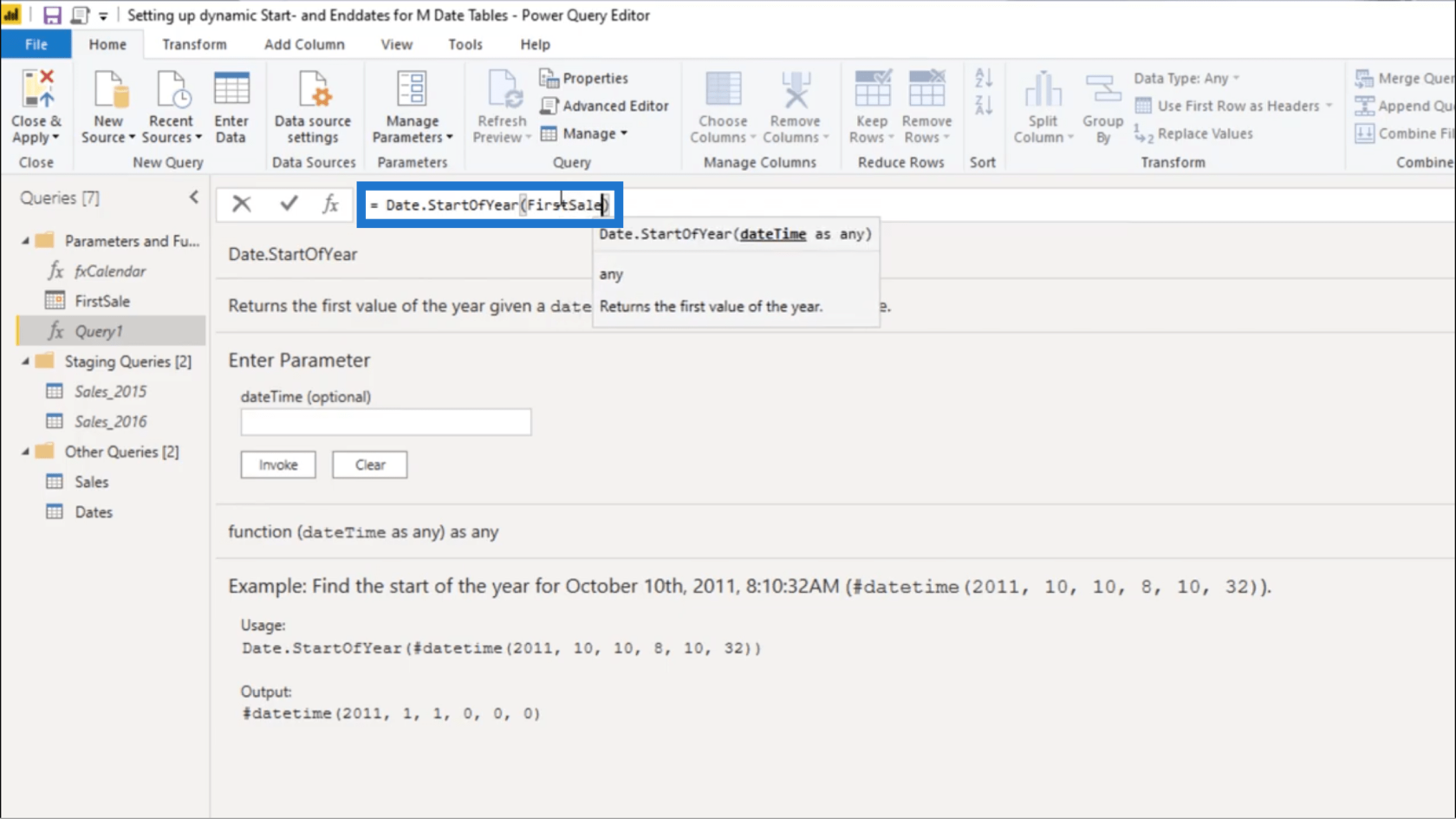 Ställa in ett dynamiskt startdatum och slutdatum för Power Query-datumtabeller