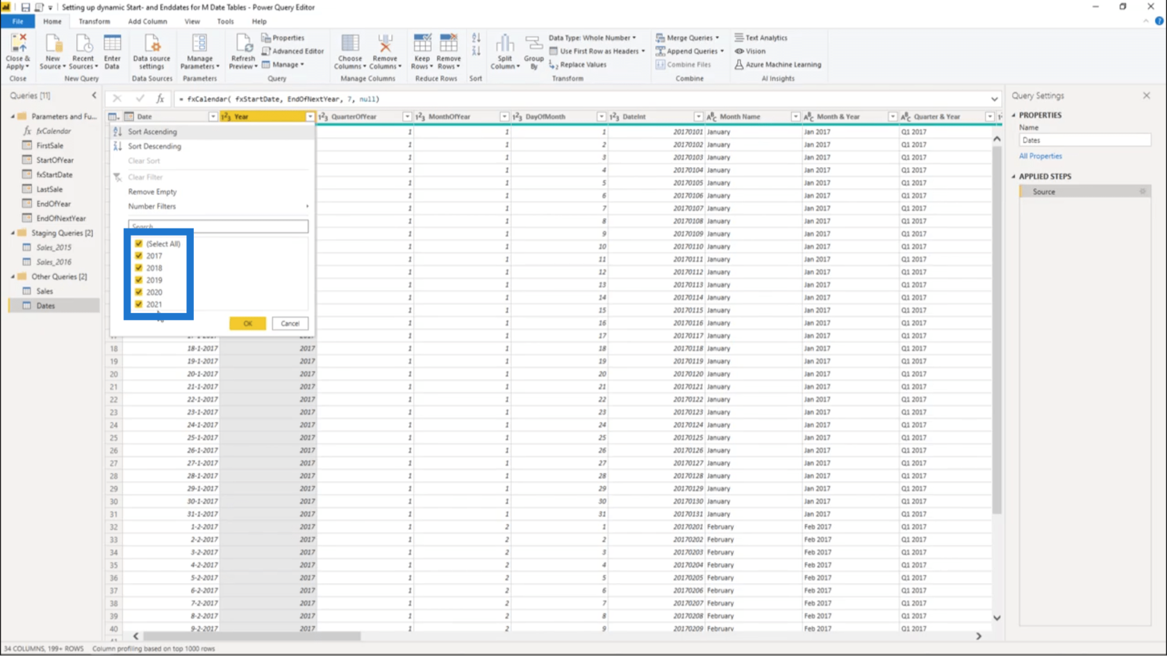 Sette opp en dynamisk startdato og sluttdato for datotabeller for Power Query