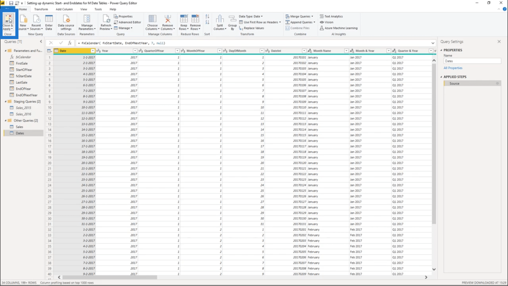 Ställa in ett dynamiskt startdatum och slutdatum för Power Query-datumtabeller