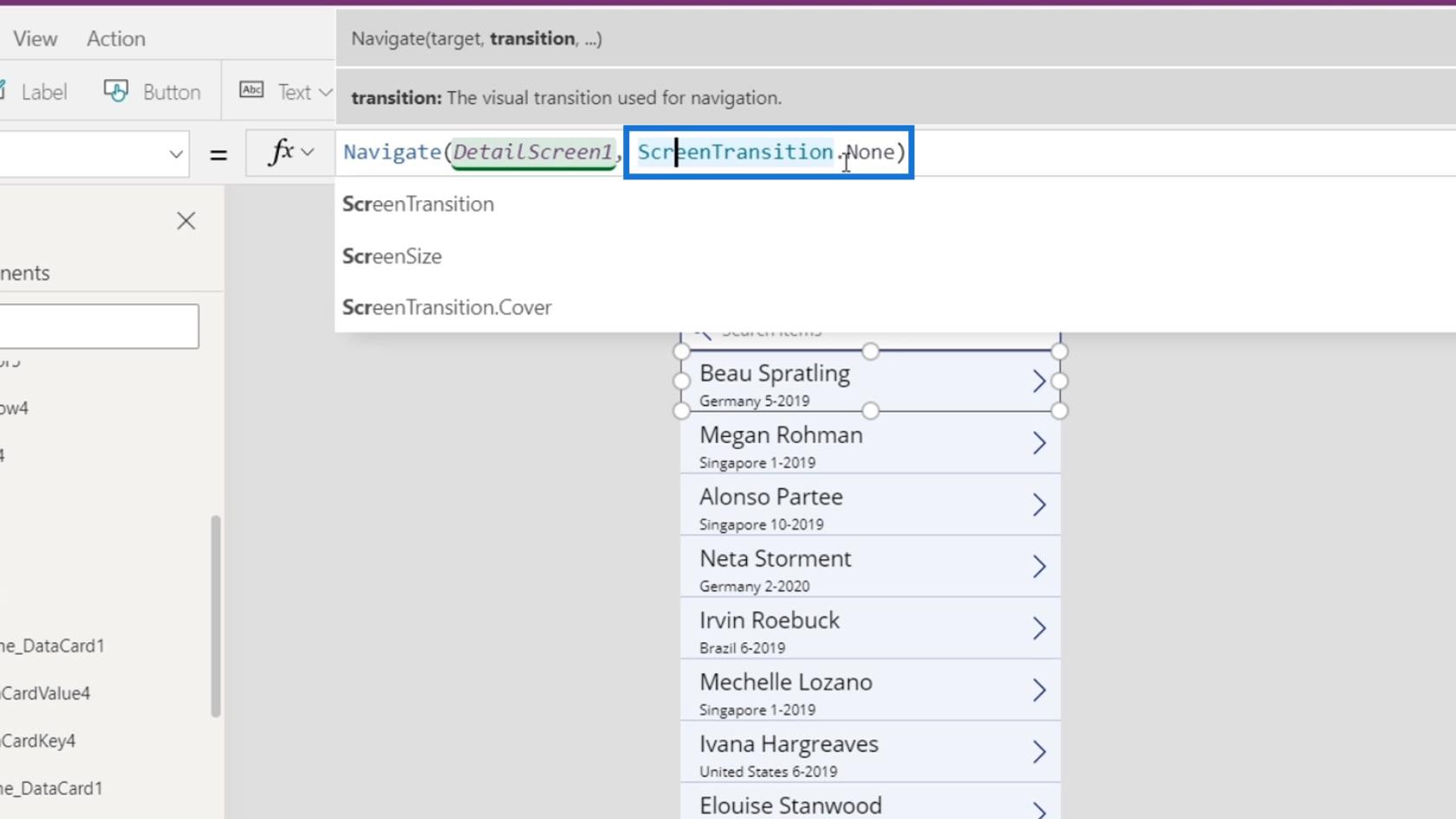 Přehled kontextu navigace PowerApps