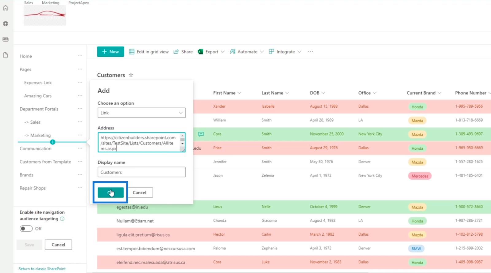 Přidání navigace v seznamu SharePoint