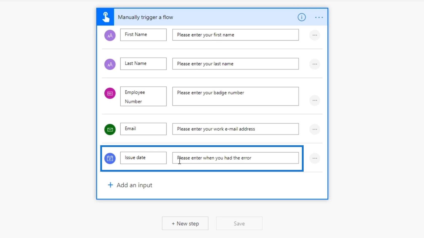 Workflow-input i Microsoft Power Automate