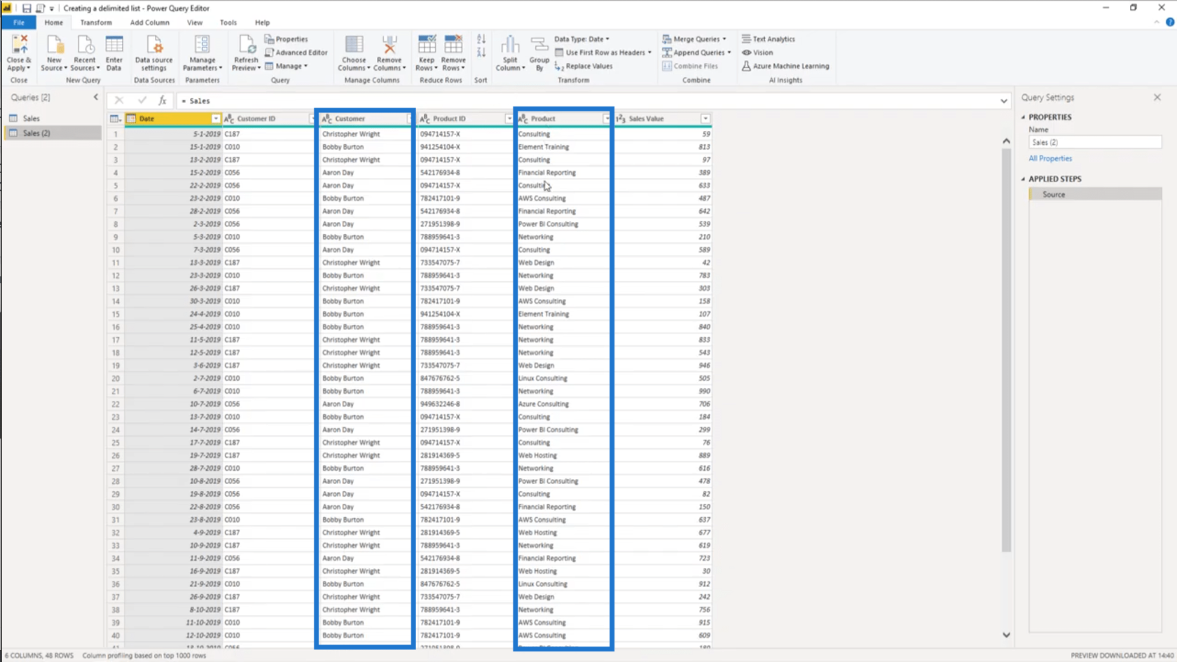 Skapa en avgränsad lista i Power Query – Handledning för frågeredigerare