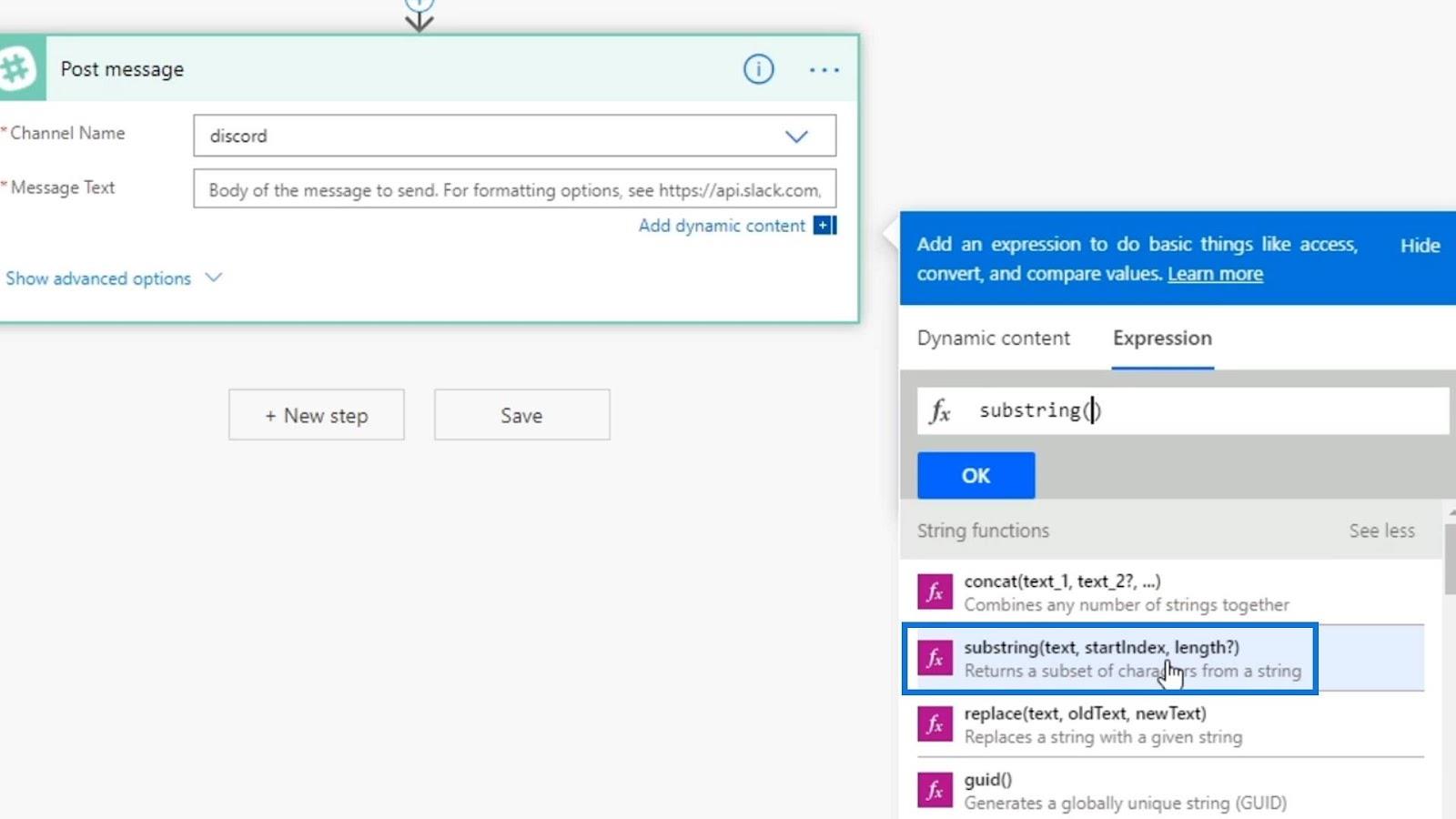 Power Automate String Funkciók: Alkarakterlánc és IndexOf