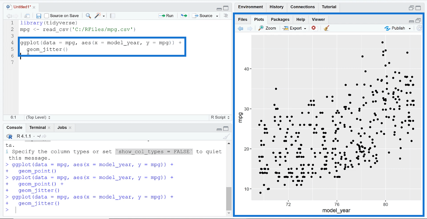 Oprettelse af et jitterplot ved hjælp af Ggplot2 i RStudio