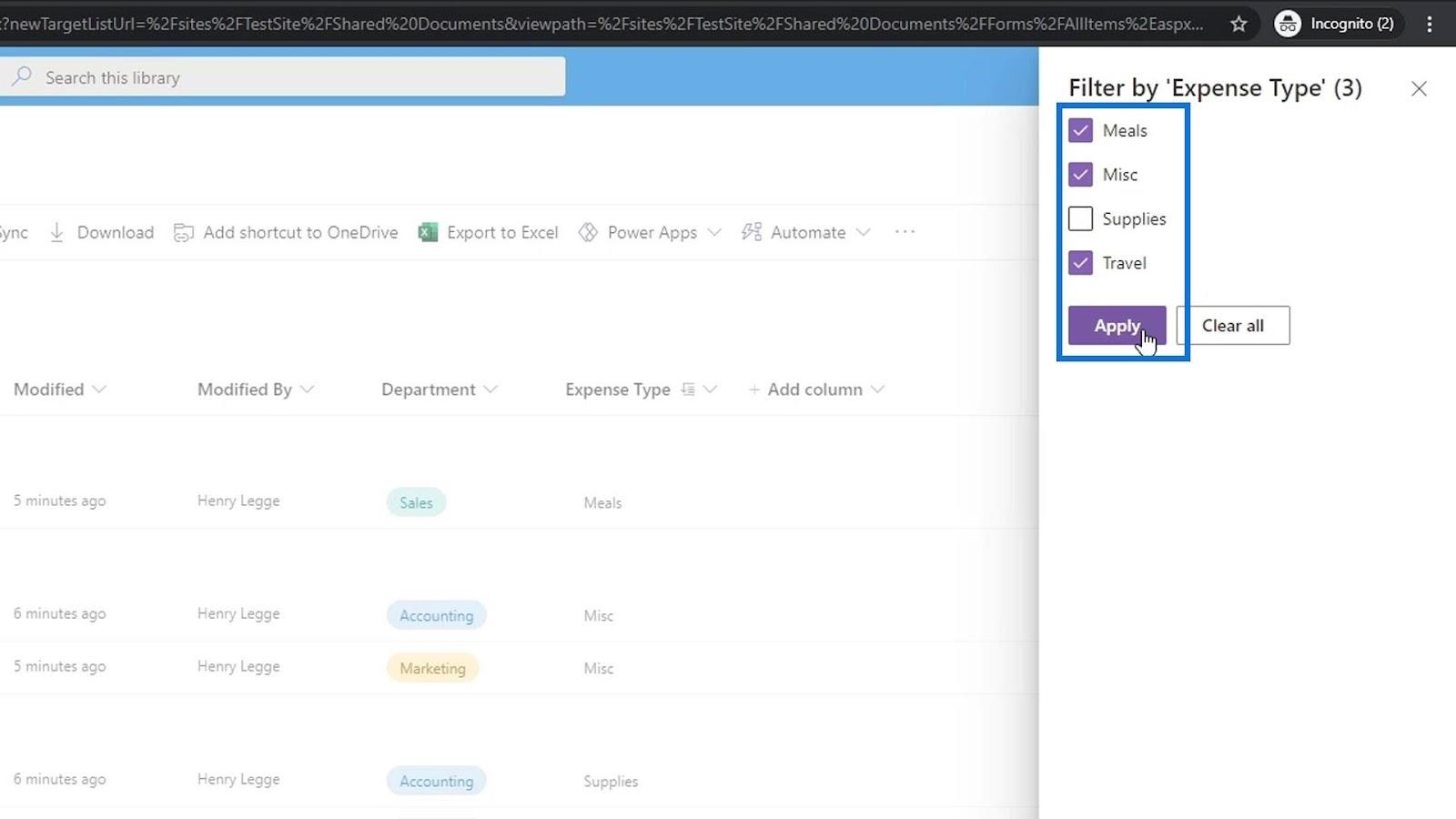 Filtrování metadat v souborech SharePoint