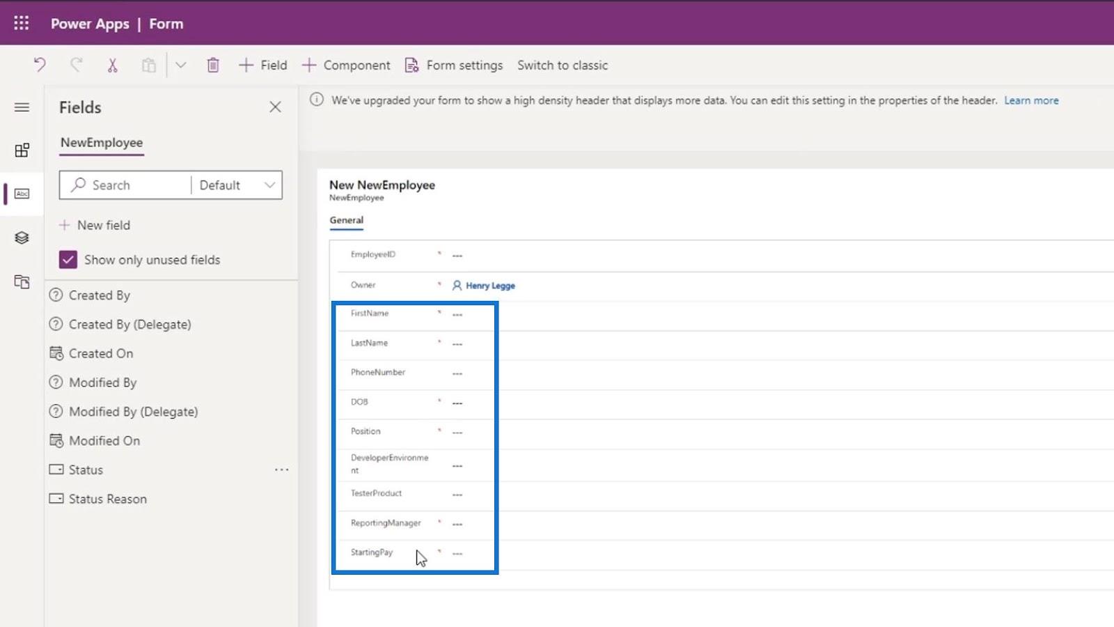 PowerApps űrlap: Mezők hozzáadása és módosítása