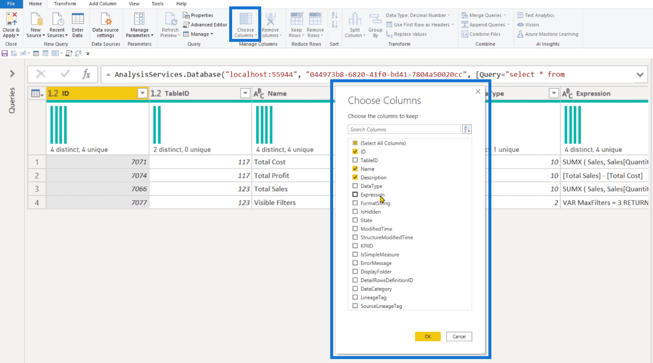 Använda Dynamic Management Views (DMV) i DAX Studio